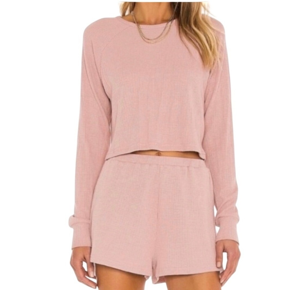 Lovers & Friends Dusty Rose Set Waffle Knit Lounge Cropped Long Sleeve
